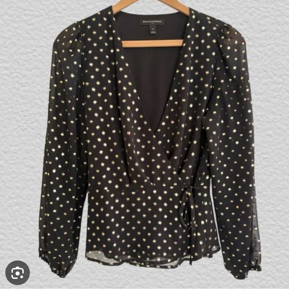 Banana Republic Black with Gold Metallic Dot wrap blouse
